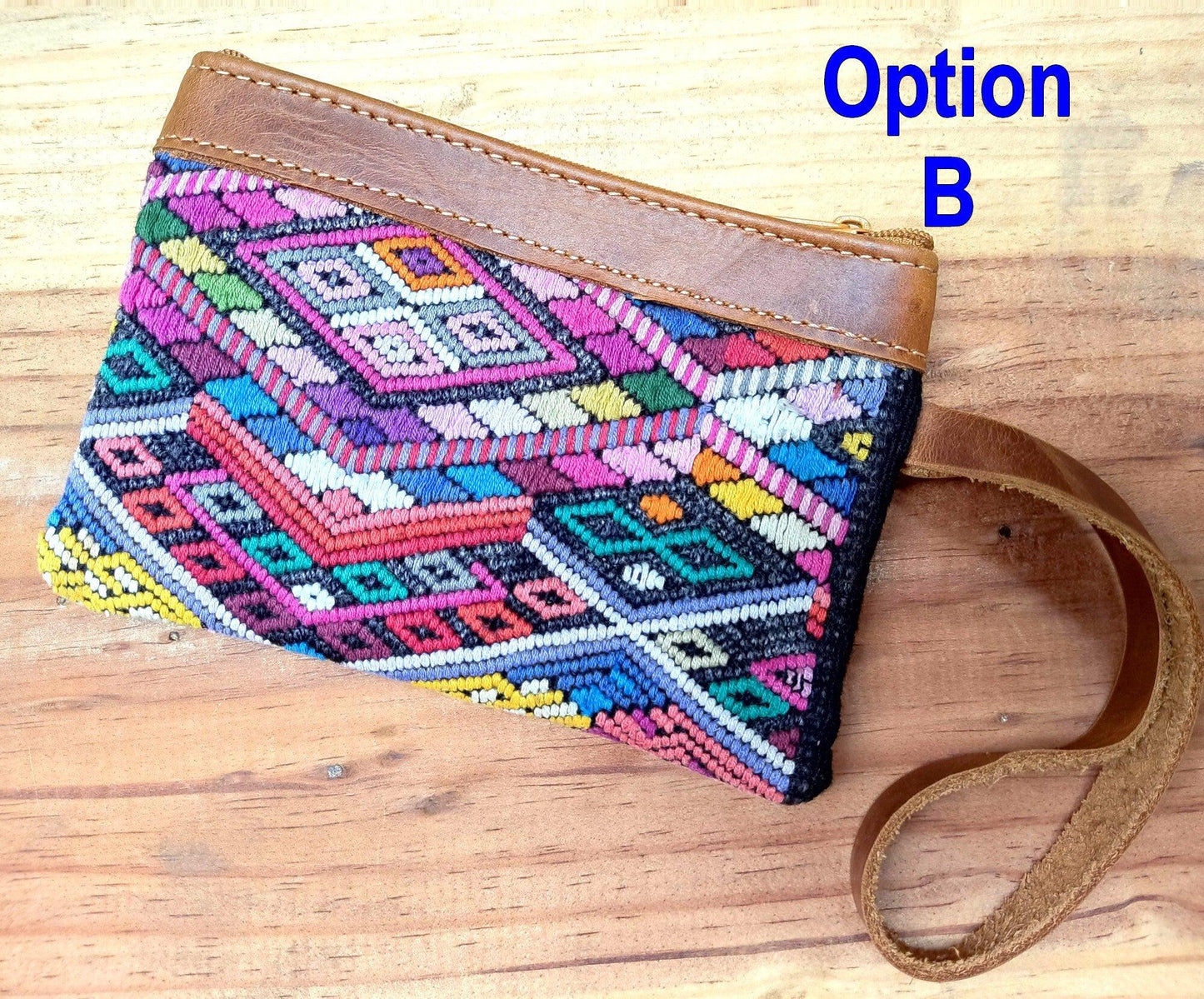 Guatemalan upcycled huipil double sided coin purse leather trim