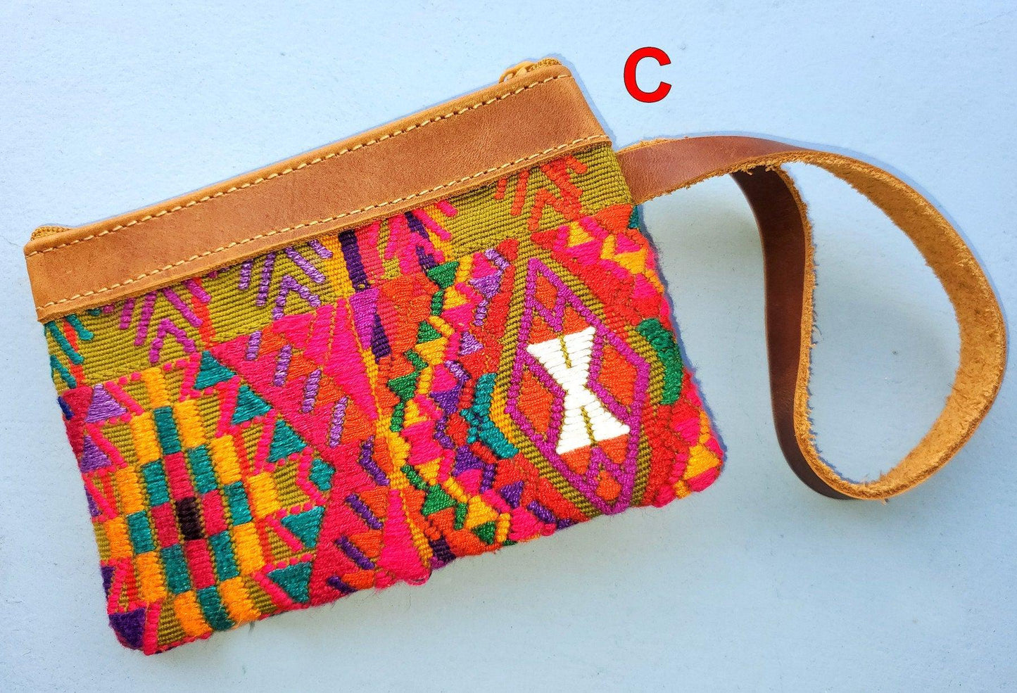 Guatemalan upcycled huipil double sided coin purse leather trim