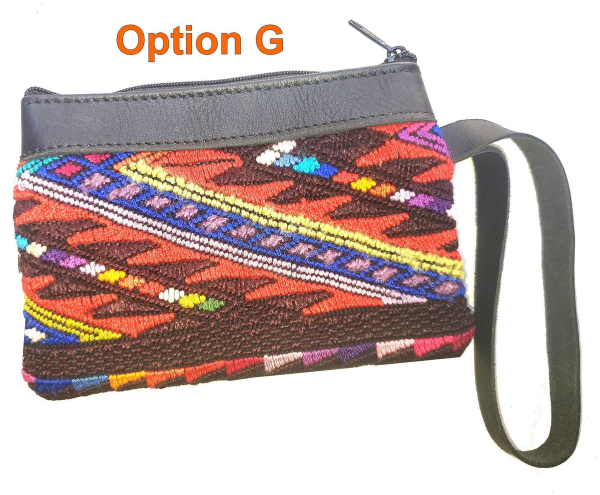 Guatemalan upcycled huipil double sided coin purse leather trim