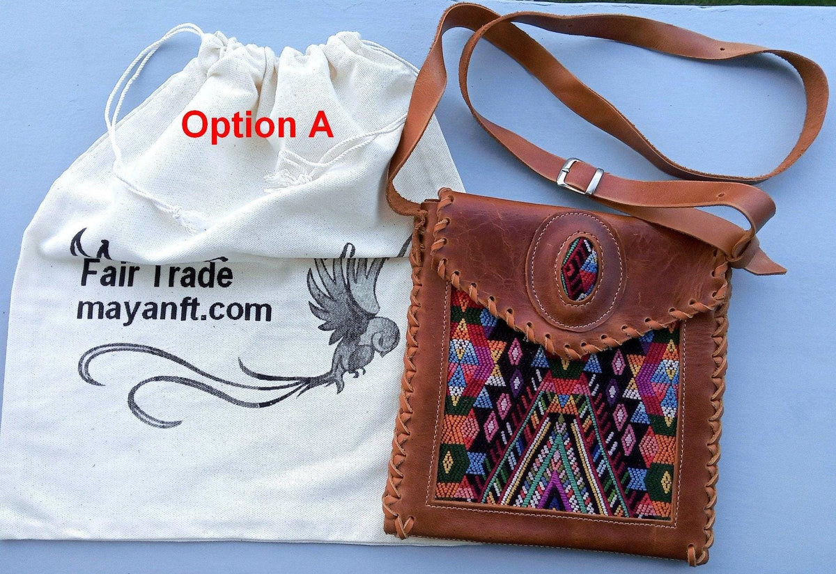 Aesthetic Woman Guatemalan Leather Huipil CROSSBODY Wristlet CLUTCH PURSE - 100% Cotton Lining Purse