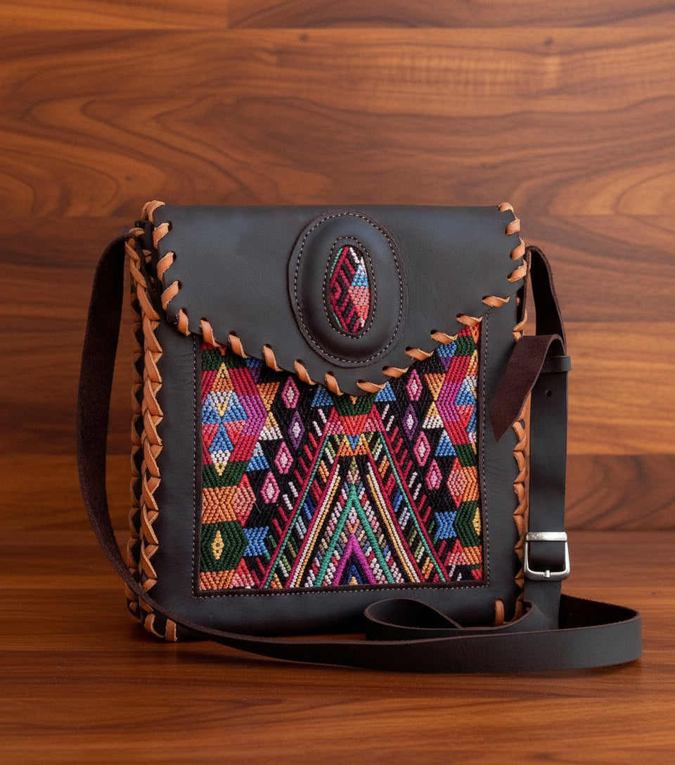 Aesthetic Woman Guatemalan Leather Huipil CROSSBODY Wristlet CLUTCH PURSE - 100% Cotton Lining Purse