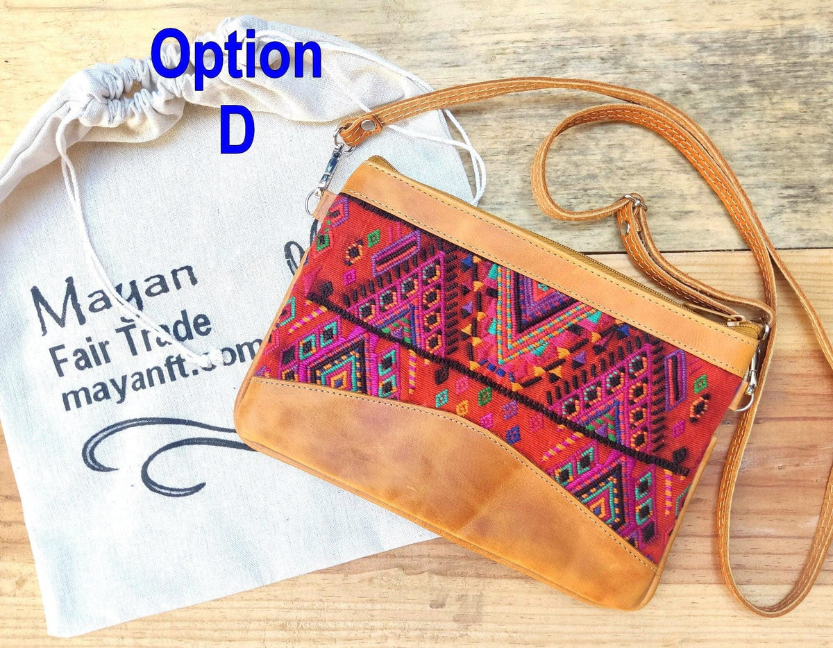 Aesthetic Woman Guatemalan Leather Huipil CROSSBODY Wristlet CLUTCH PURSE - 100% Cotton Lining Purse