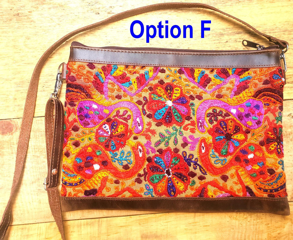 Aesthetic Woman Guatemalan Leather Huipil CROSSBODY Wristlet CLUTCH PURSE - 100% Cotton Lining Purse