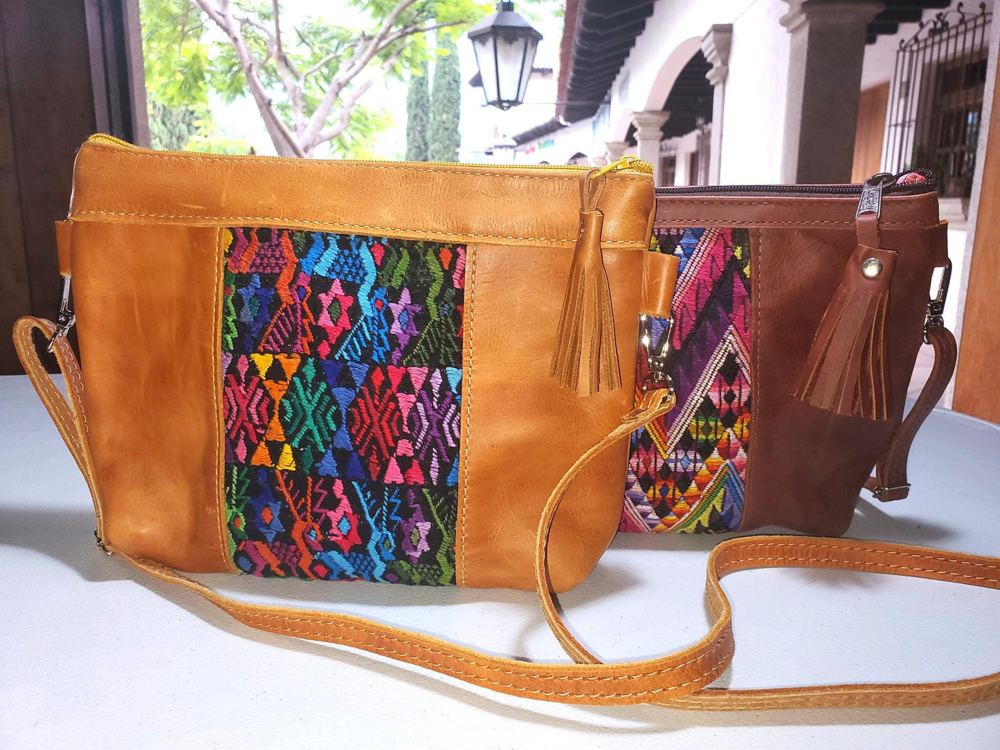 Aesthetic Woman Guatemalan Leather Huipil CROSSBODY Wristlet CLUTCH PURSE - 100% Cotton Lining Purse