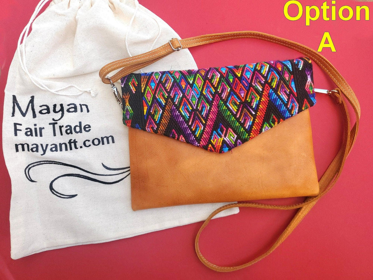 Aesthetic Woman Guatemalan Leather Huipil CROSSBODY Wristlet CLUTCH ENVELOPE - 100% Cotton Lining Purse
