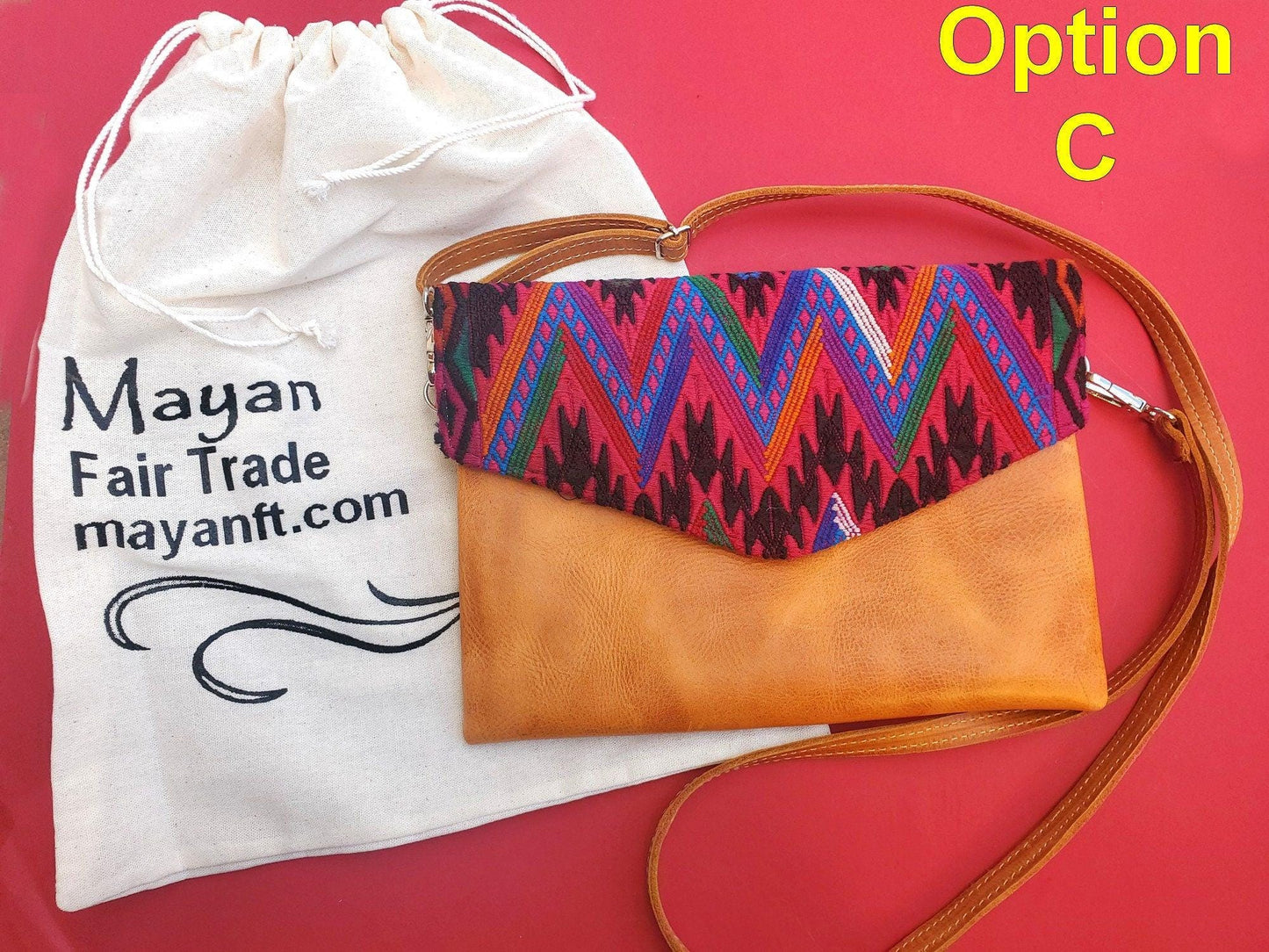 Aesthetic Woman Guatemalan Leather Huipil CROSSBODY Wristlet CLUTCH ENVELOPE - 100% Cotton Lining Purse