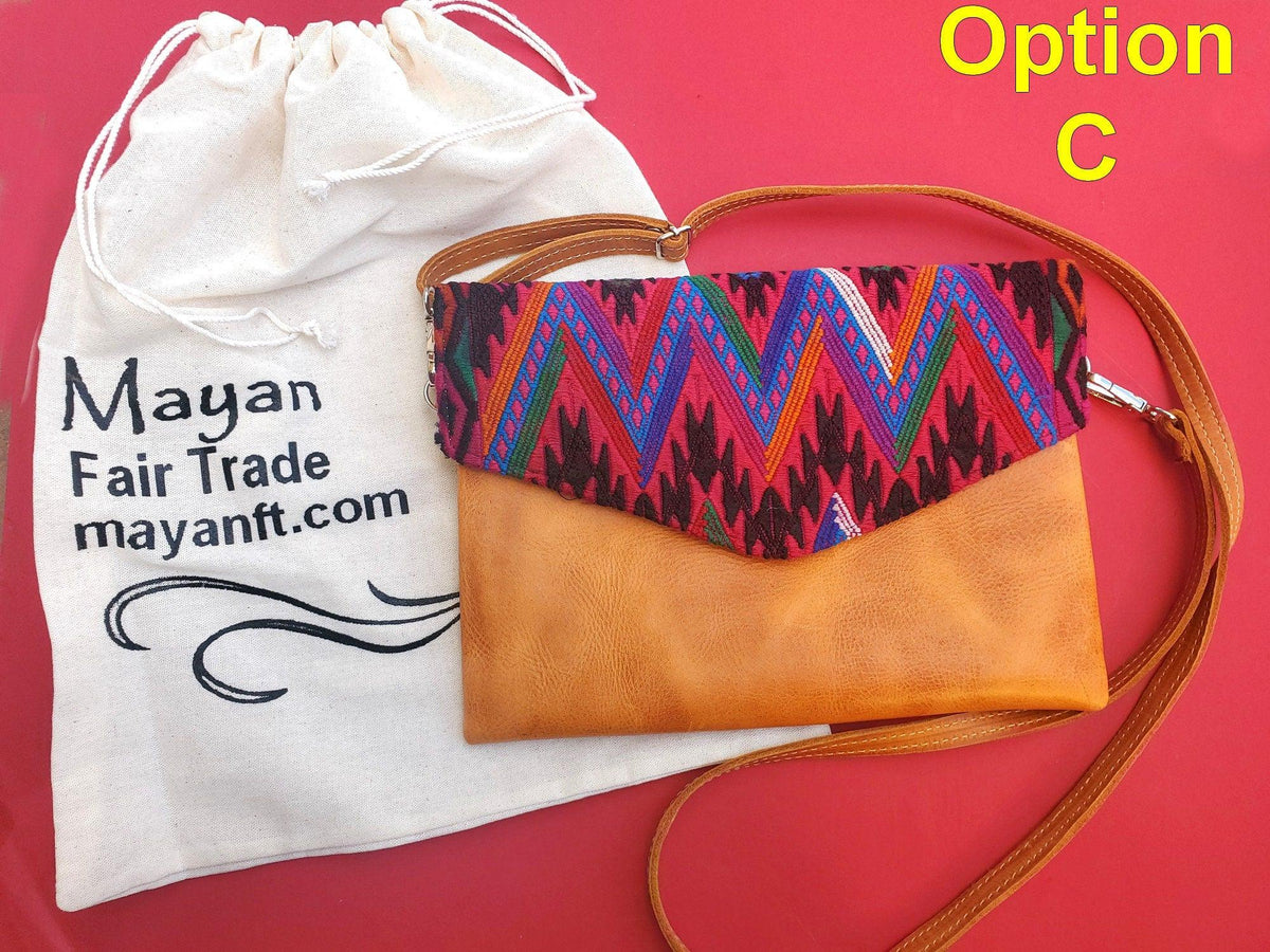 Aesthetic Woman Guatemalan Leather Huipil CROSSBODY Wristlet CLUTCH ENVELOPE - 100% Cotton Lining Purse