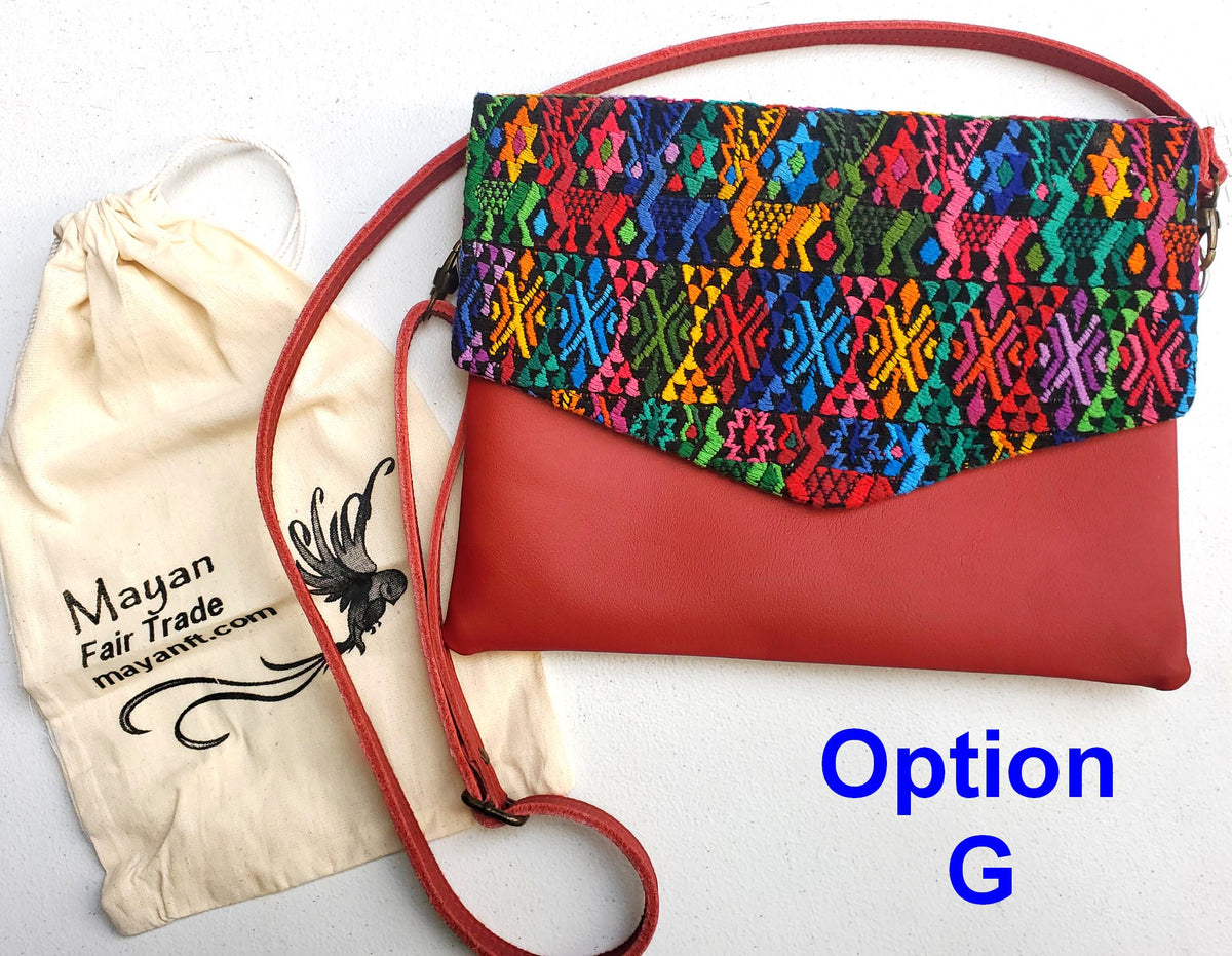 Aesthetic Woman Guatemalan Leather Huipil CROSSBODY Wristlet CLUTCH ENVELOPE - 100% Cotton Lining Purse
