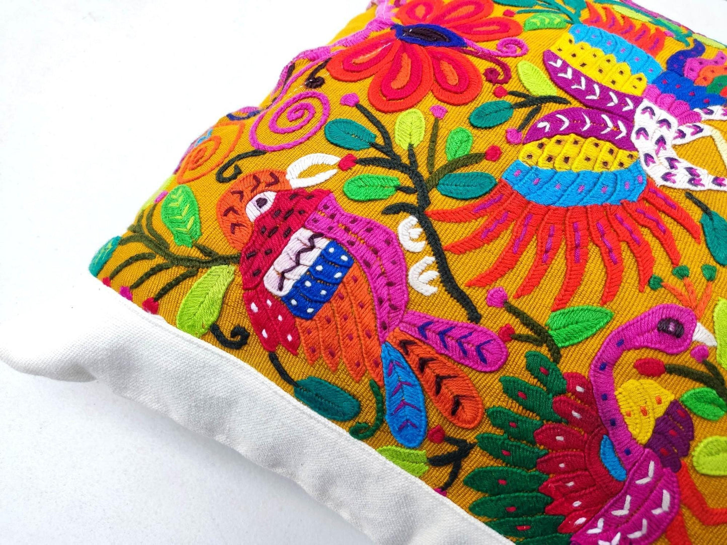 Cotton Guatemala Hand Embroidery -PEACOCKS & Birds - Huipil PILLOW Case Cushion Cover