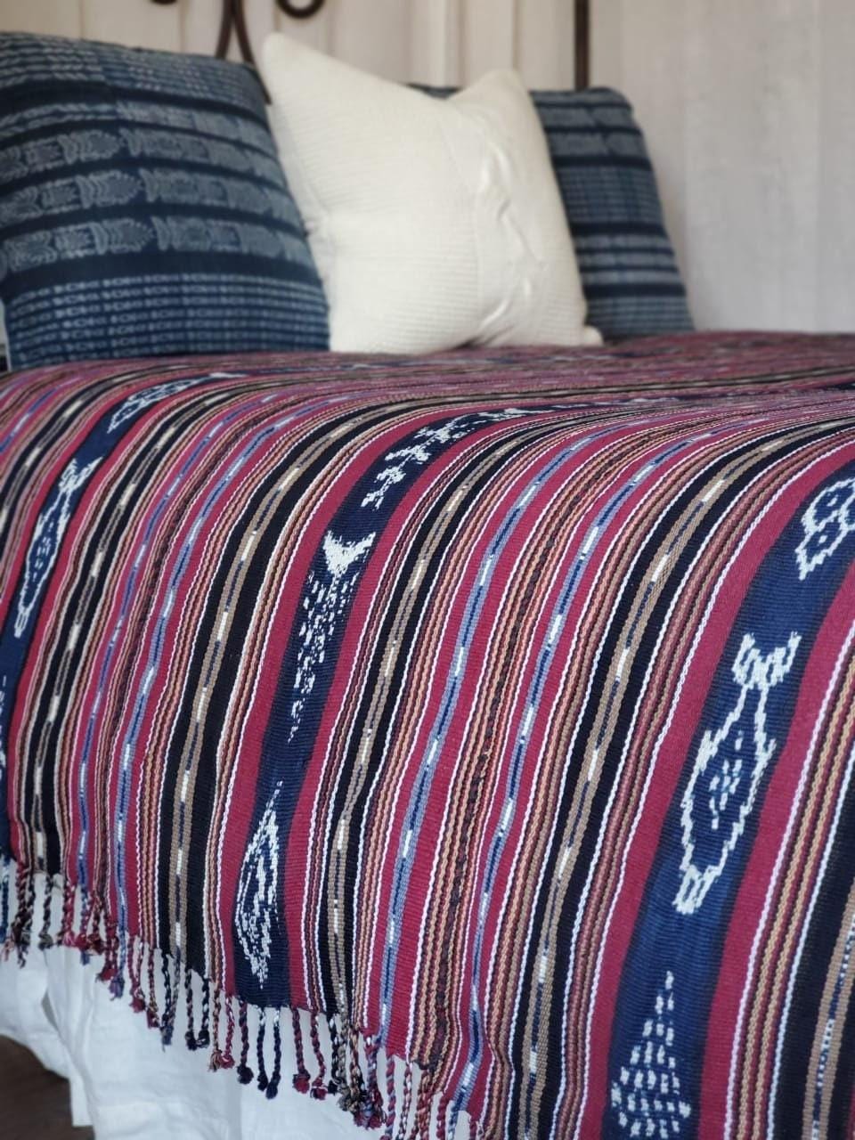 Cotton Guatemalan handmade weaved tassels eco dyed ikat bedspread