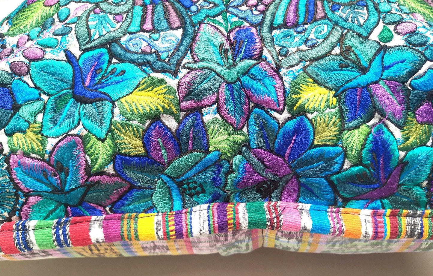 Guatemalan upcycled huipil pillow case cushion cover 19x19 inches -Butterflies, Rosters and floral