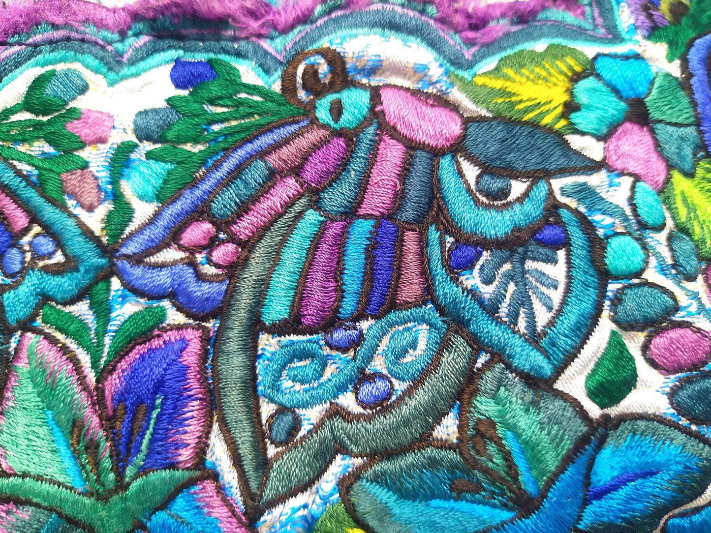 Guatemalan upcycled huipil pillow case cushion cover 19x19 inches -Butterflies, Rosters and floral