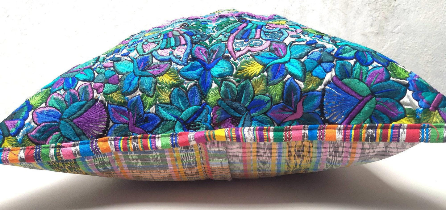 Guatemalan upcycled huipil pillow case cushion cover 19x19 inches -Butterflies, Rosters and floral