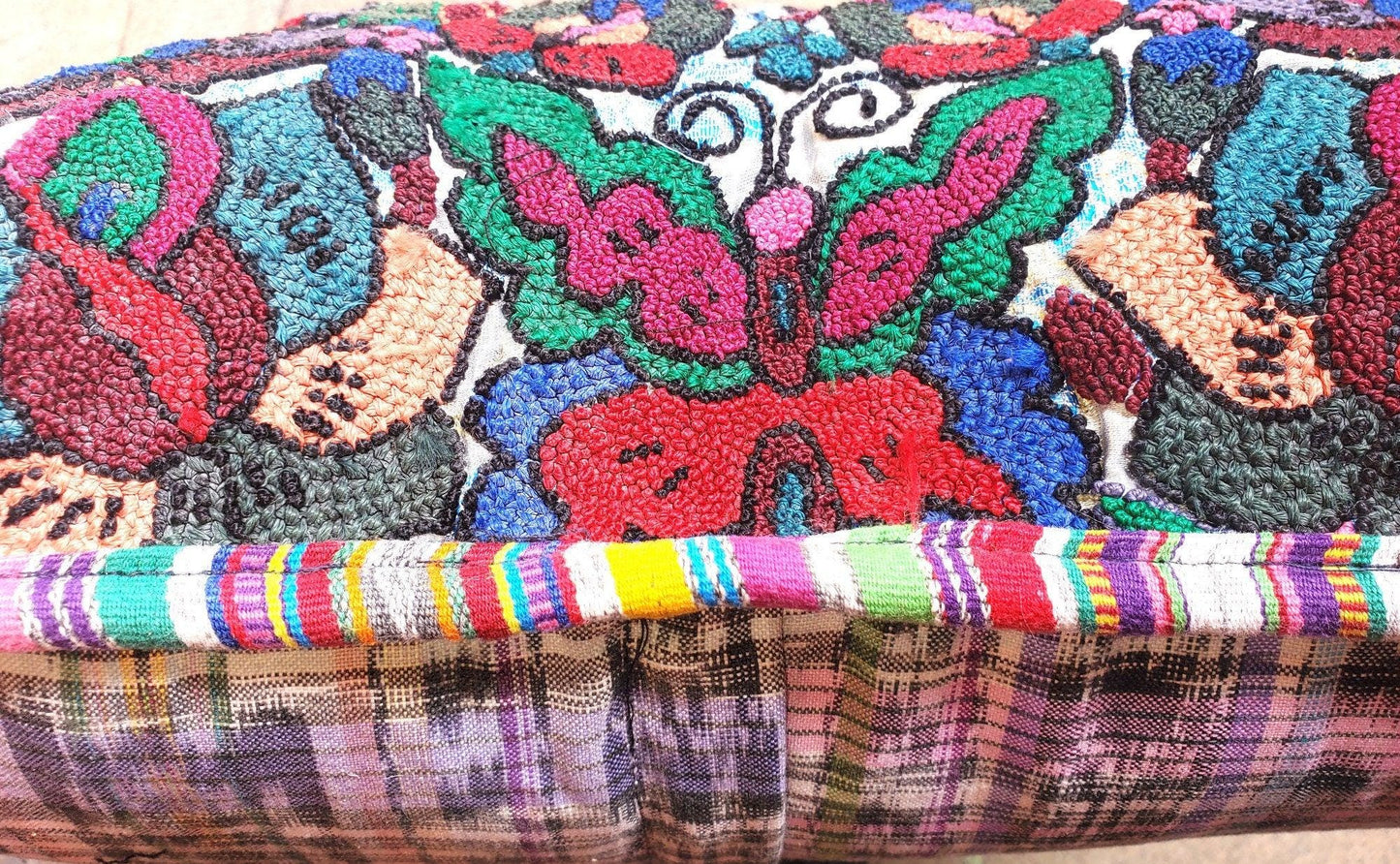 Guatemalan upcycled huipil pillow case cushion cover 19x19 inches -Butterfly and floral