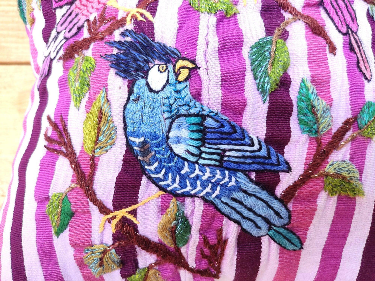 Tropical COCKATOO Birds EMBROIDERY Cushion PILLOW 14x14 - Bird Lovers Gifts Guatemalan Santiago Atitlan Pillow