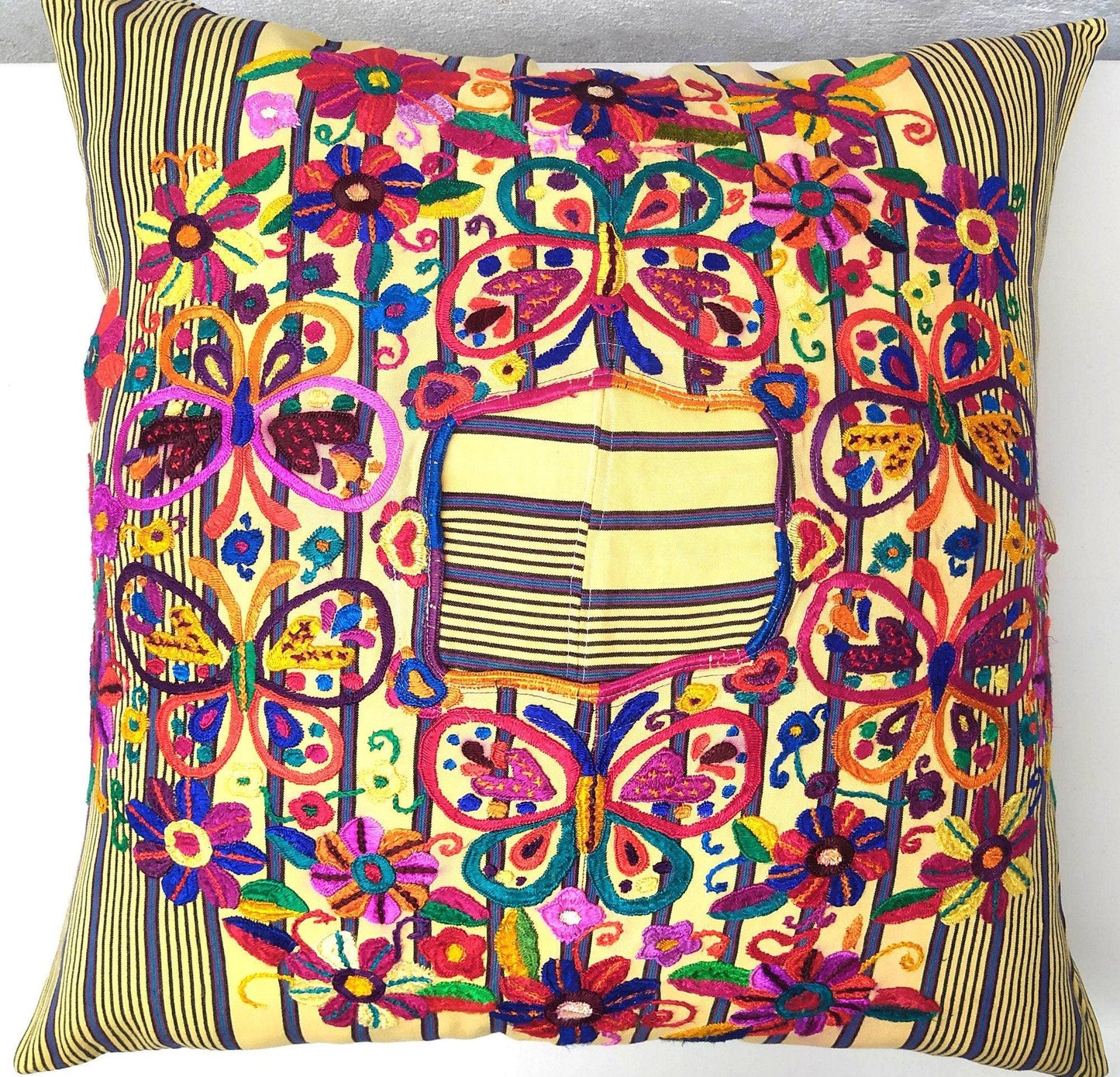 Cotton Guatemala Hand Embroidery -BUTTERFLY & Floral- Huipil PILLOW Case Cushion Cover