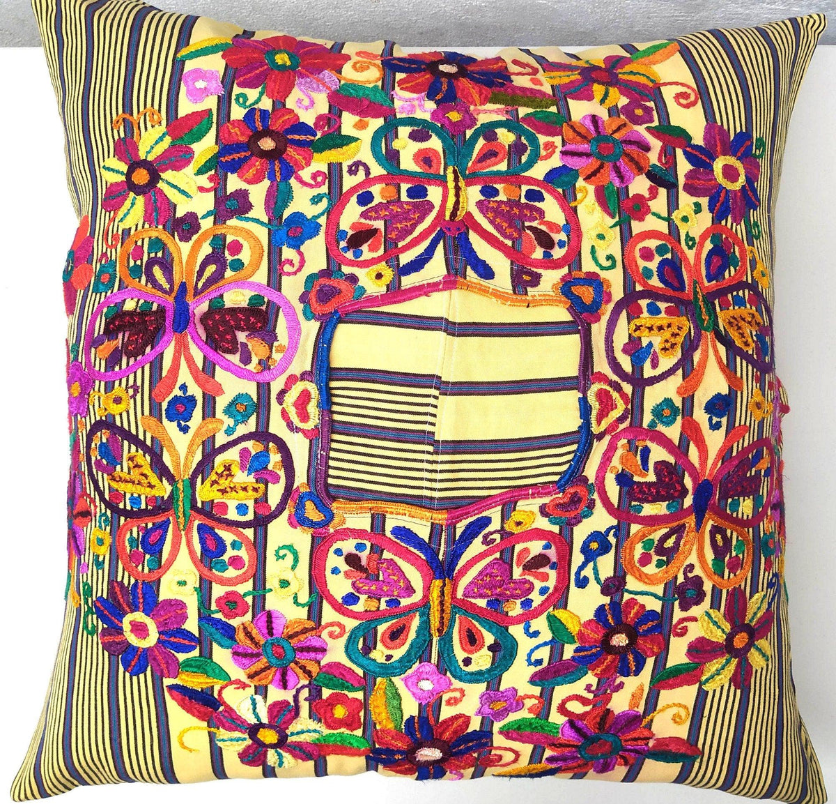 Cotton Guatemala Hand Embroidery -BUTTERFLY & Floral- Huipil PILLOW Case Cushion Cover