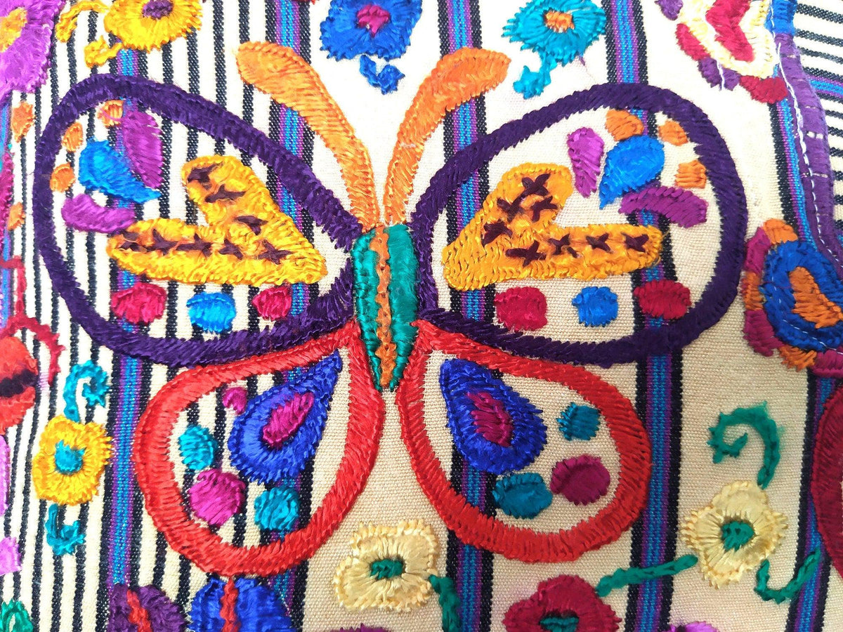 Cotton Guatemala Hand Embroidery -BUTTERFLY & Floral- Huipil PILLOW Case Cushion Cover