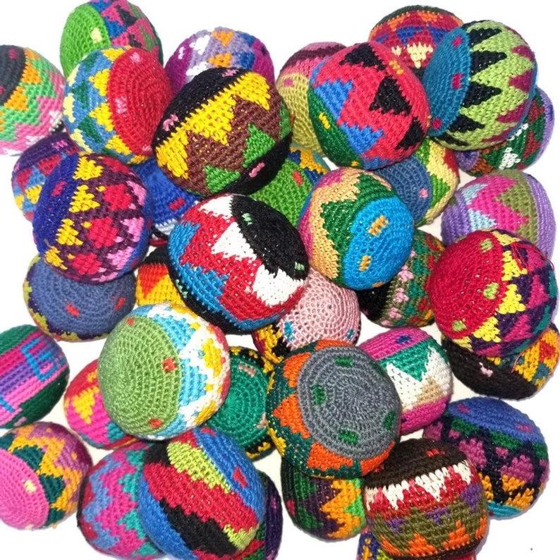Mandmade Cotton Hacky Sacks, Multicolor Crocheted Juggling Balls with Storage Bag, 2.4 Inch, 35g, Pack of 4