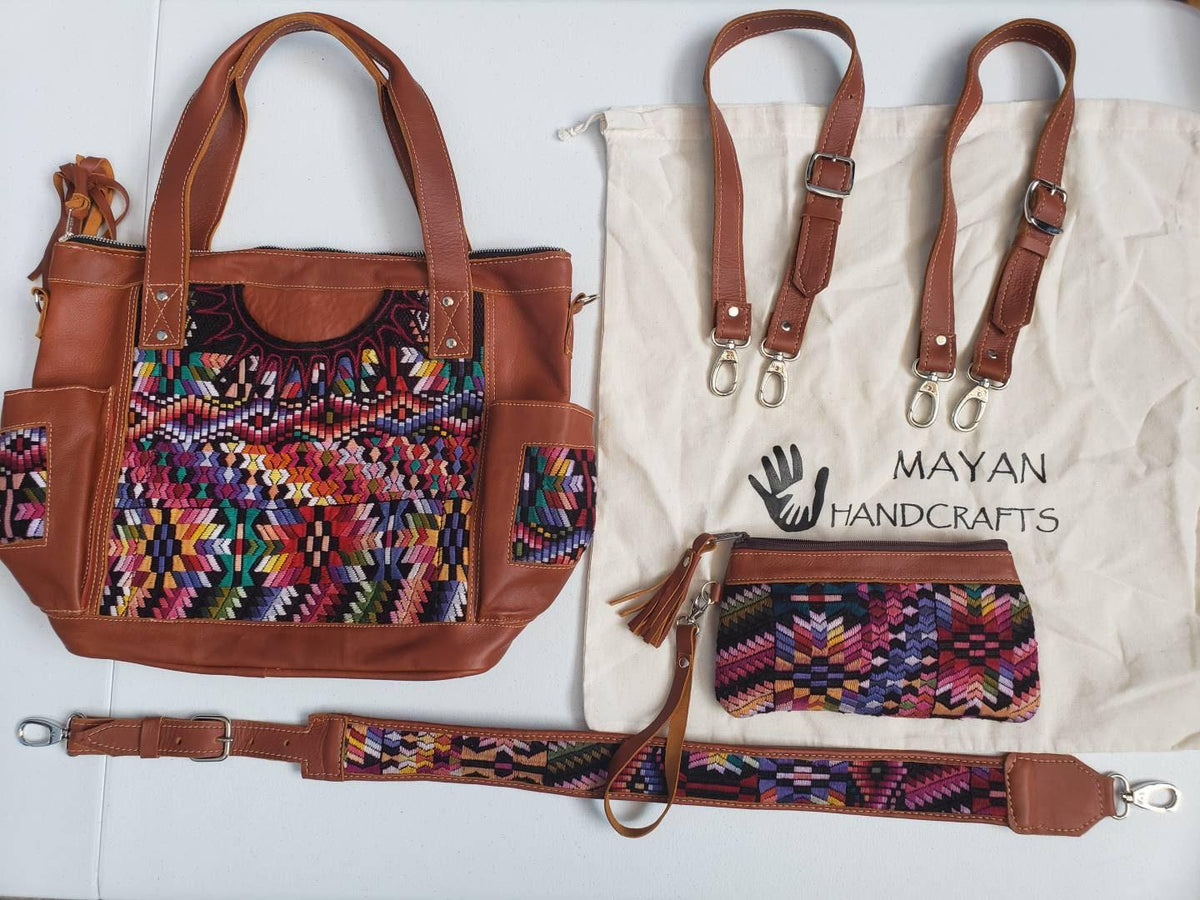 Custom Huipil Pattern Tan Genuine LEATHER CONVERTIBLE BACKPACK Bag - Aesthetic Full Grain Leather Handles cross body And Handbags