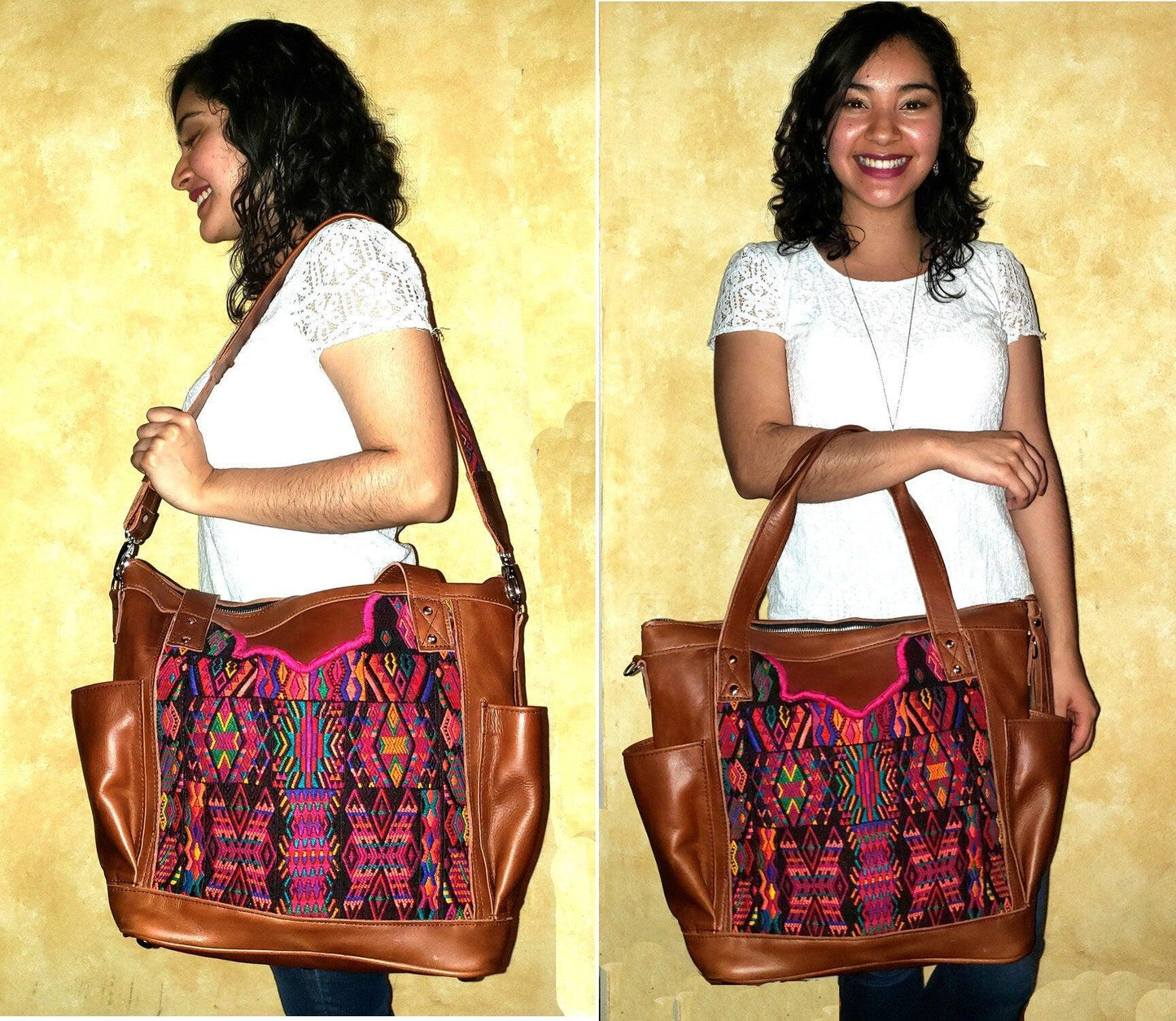 Custom Huipil Pattern Brown Genuine LEATHER CONVERTIBLE BACKPACK Bag - Aesthetic Full Grain Leather Handles cross body And Handbags