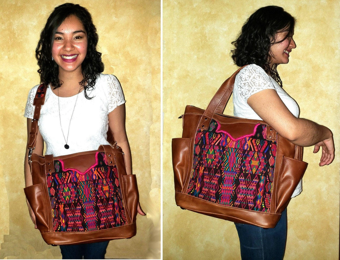 Custom Huipil Pattern Brown Genuine LEATHER CONVERTIBLE BACKPACK Bag - Aesthetic Full Grain Leather Handles cross body And Handbags