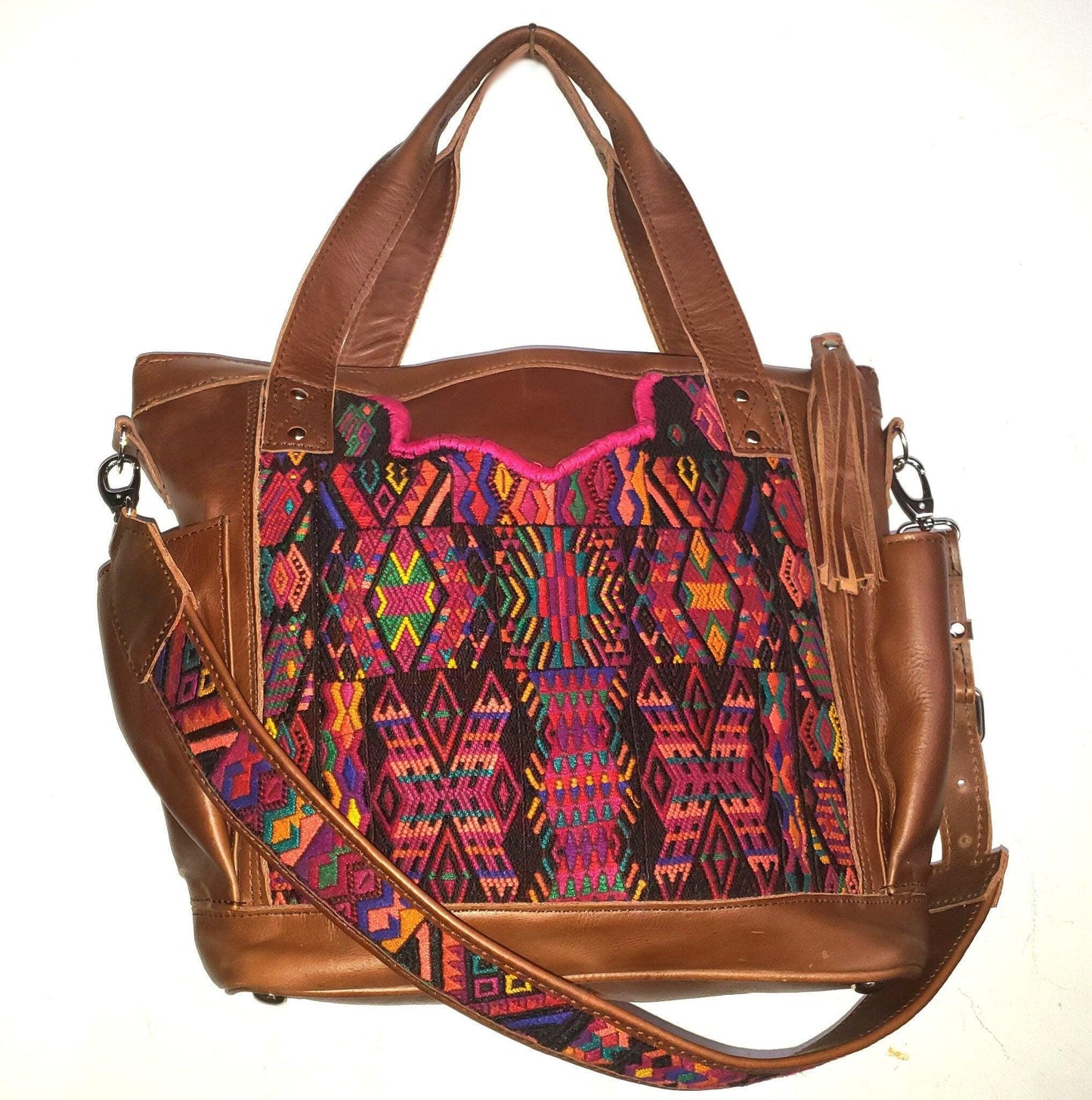 Custom Huipil Pattern Brown Genuine LEATHER CONVERTIBLE BACKPACK Bag - Aesthetic Full Grain Leather Handles cross body And Handbags