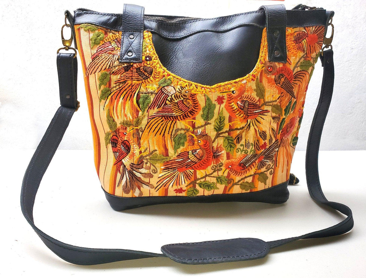 Convertible backpack crossbody day bag / diaper purse genuine soft black leather / Santiago huipil patterned