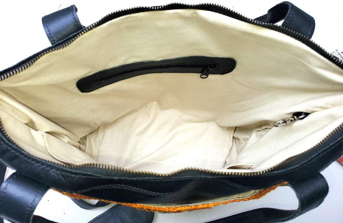 Convertible backpack crossbody day bag / diaper purse genuine soft black leather / Santiago huipil patterned