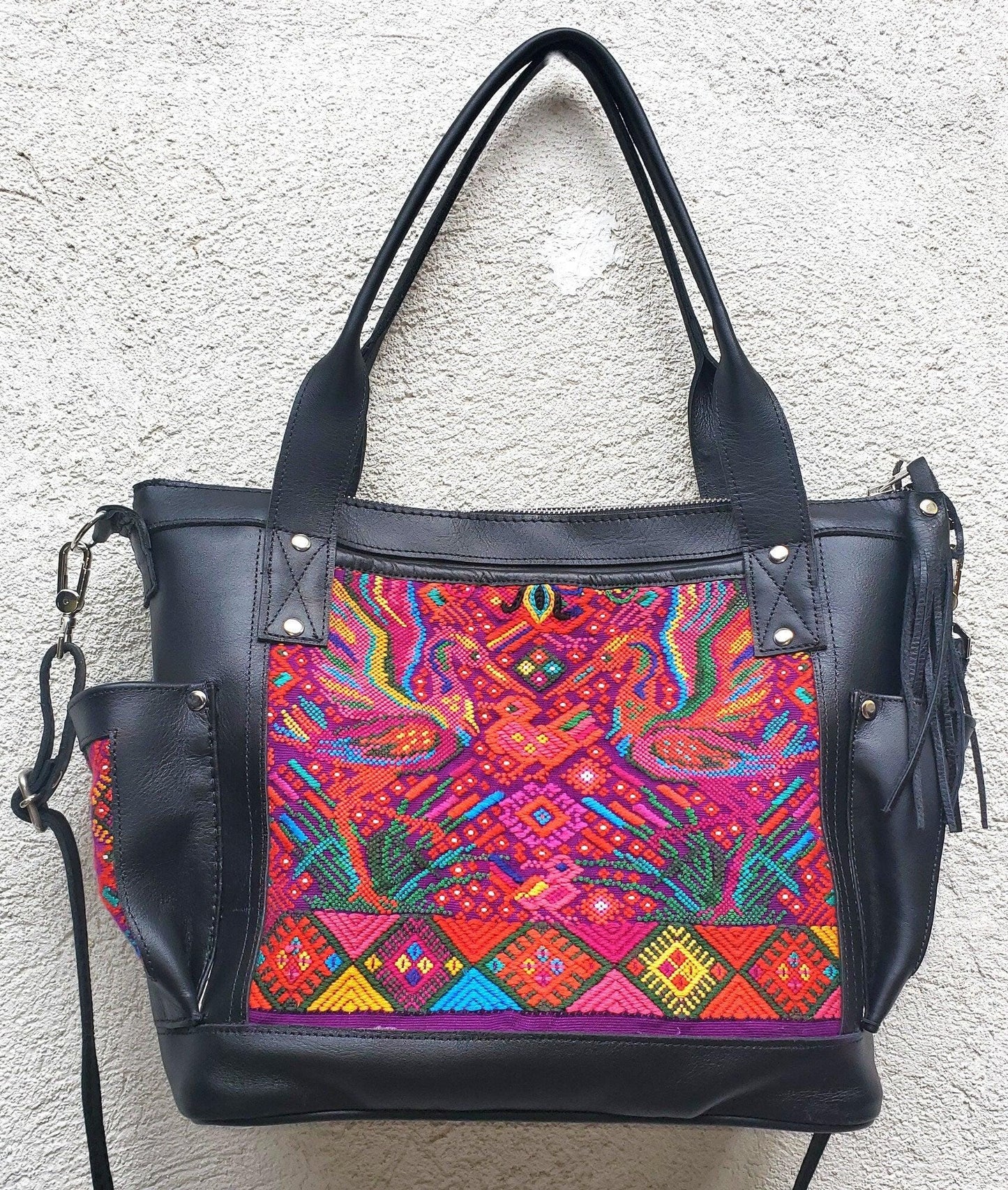 Convertible backpack crossbody day bag diaper purse genuine soft black leather huipil detail
