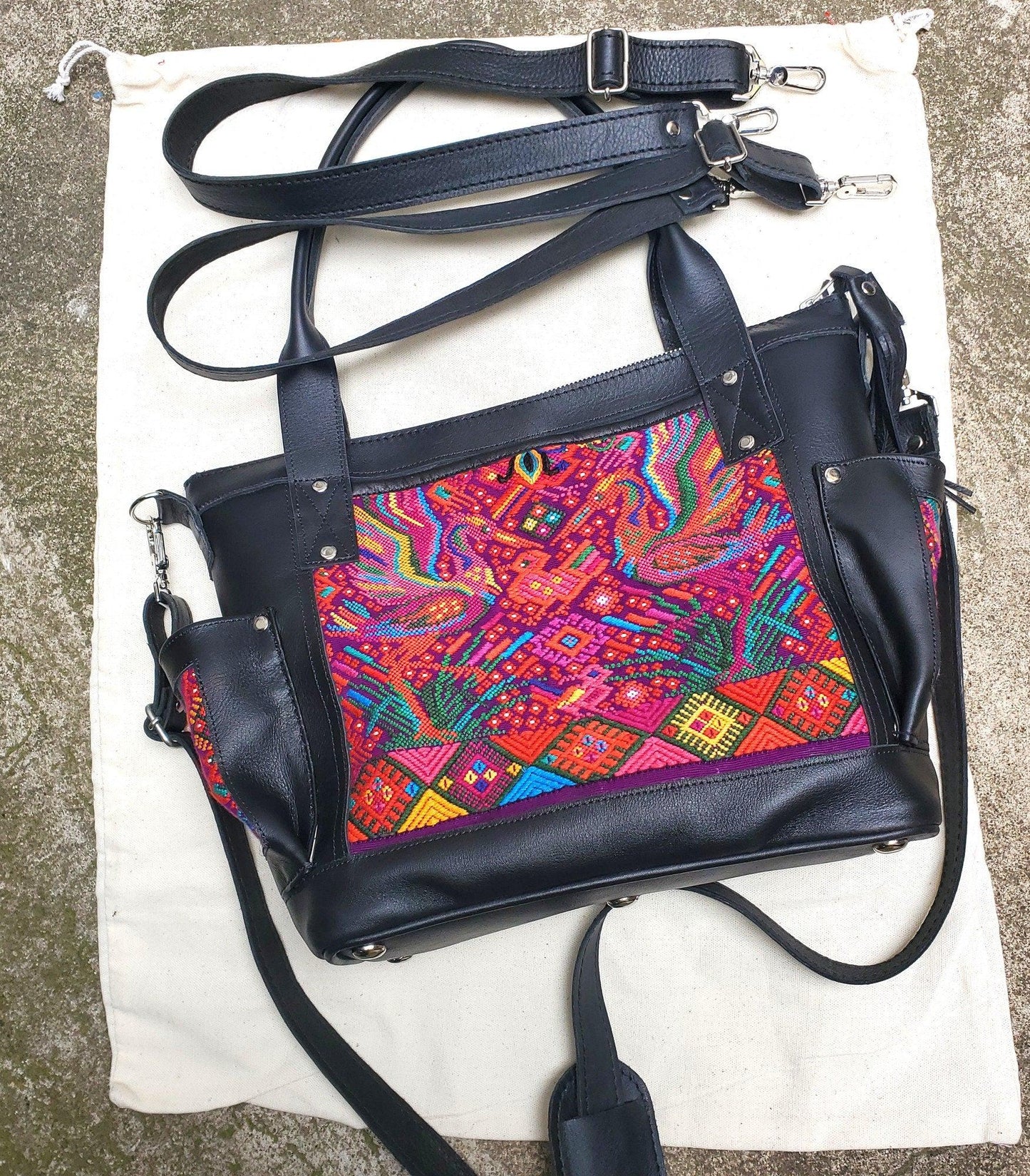 Convertible backpack crossbody day bag diaper purse genuine soft black leather huipil detail