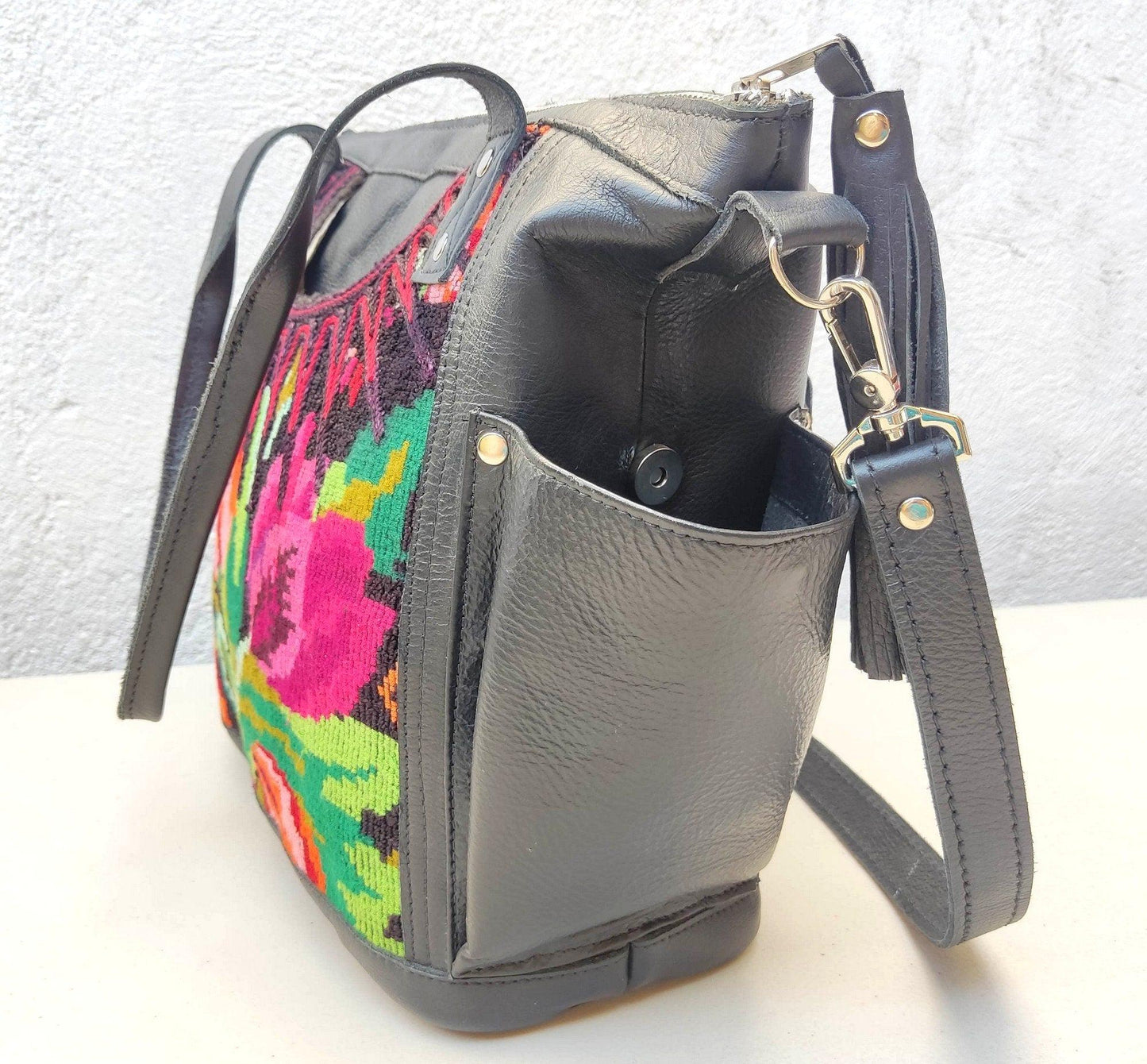 Huipil Pattern Black Genuine LEATHER CONVERTIBLE BACKPACK Bag - Aesthetic Full Grain Leather Handles cross body And Handbags