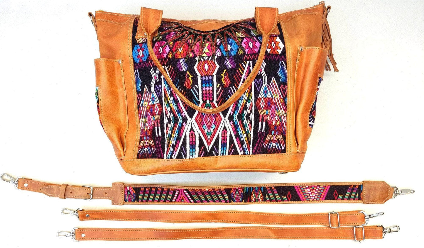 Huipil Pattern Brown Tan Genuine LEATHER CONVERTIBLE BACKPACK Bag - Aesthetic Full Grain Leather Handles cross body And Handbags