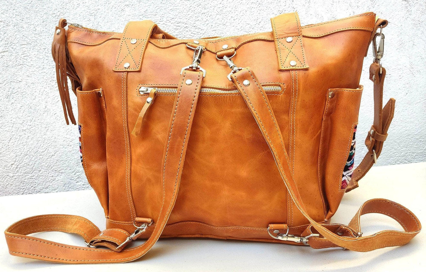Huipil Pattern Brown Tan Genuine LEATHER CONVERTIBLE BACKPACK Bag - Aesthetic Full Grain Leather Handles cross body And Handbags