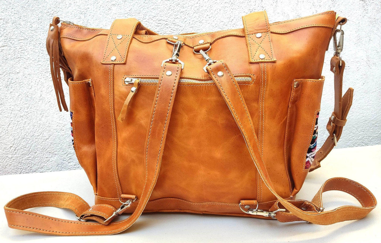 Huipil Pattern Brown Tan Genuine LEATHER CONVERTIBLE BACKPACK Bag - Aesthetic Full Grain Leather Handles cross body And Handbags