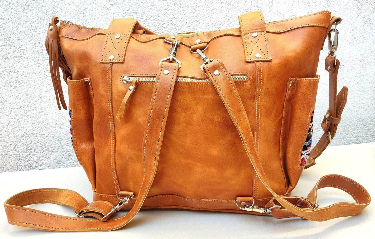 Huipil Pattern Brown Tan Genuine LEATHER CONVERTIBLE BACKPACK Bag - Aesthetic Full Grain Leather Handles cross body And Handbags