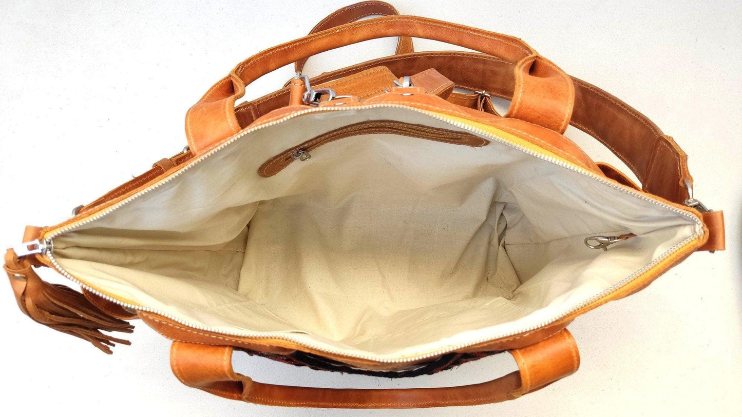 Huipil Pattern Brown Tan Genuine LEATHER CONVERTIBLE BACKPACK Bag - Aesthetic Full Grain Leather Handles cross body And Handbags