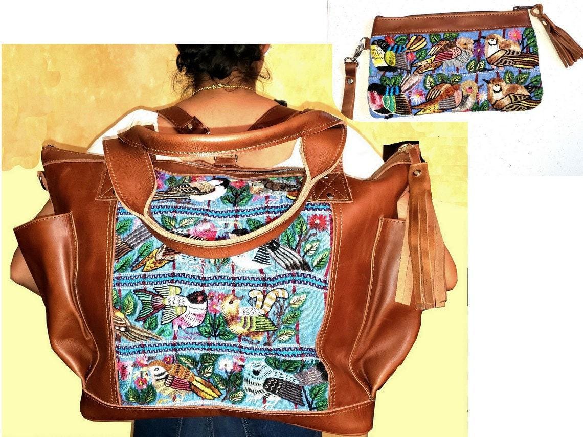 Custom Huipil Pattern Caramel Brown Genuine LEATHER CONVERTIBLE BACKPACK Bag - Aesthetic Full Grain Leather Handles cross body And Handbags