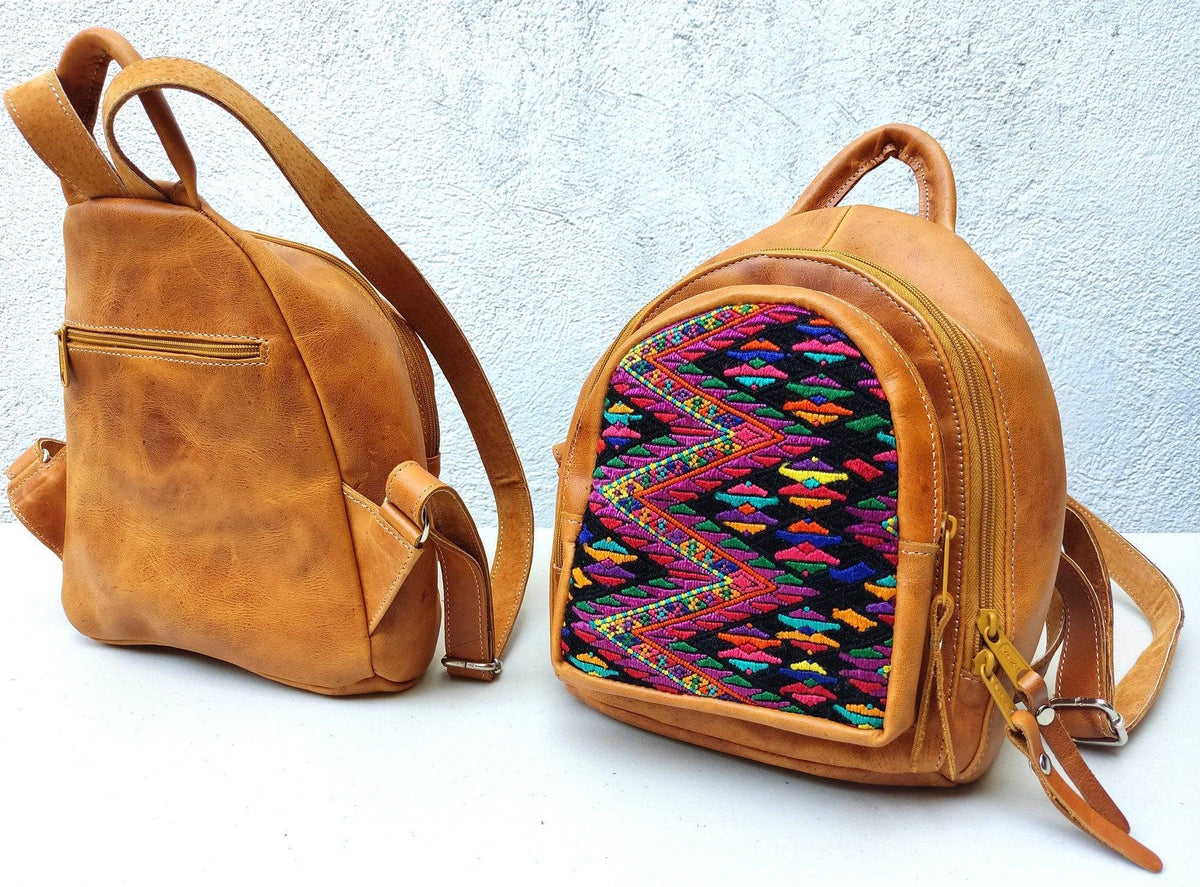 Huipil Pattern Tan Genuine LEATHER BACKPACK Bag - Aesthetic Grain Leather