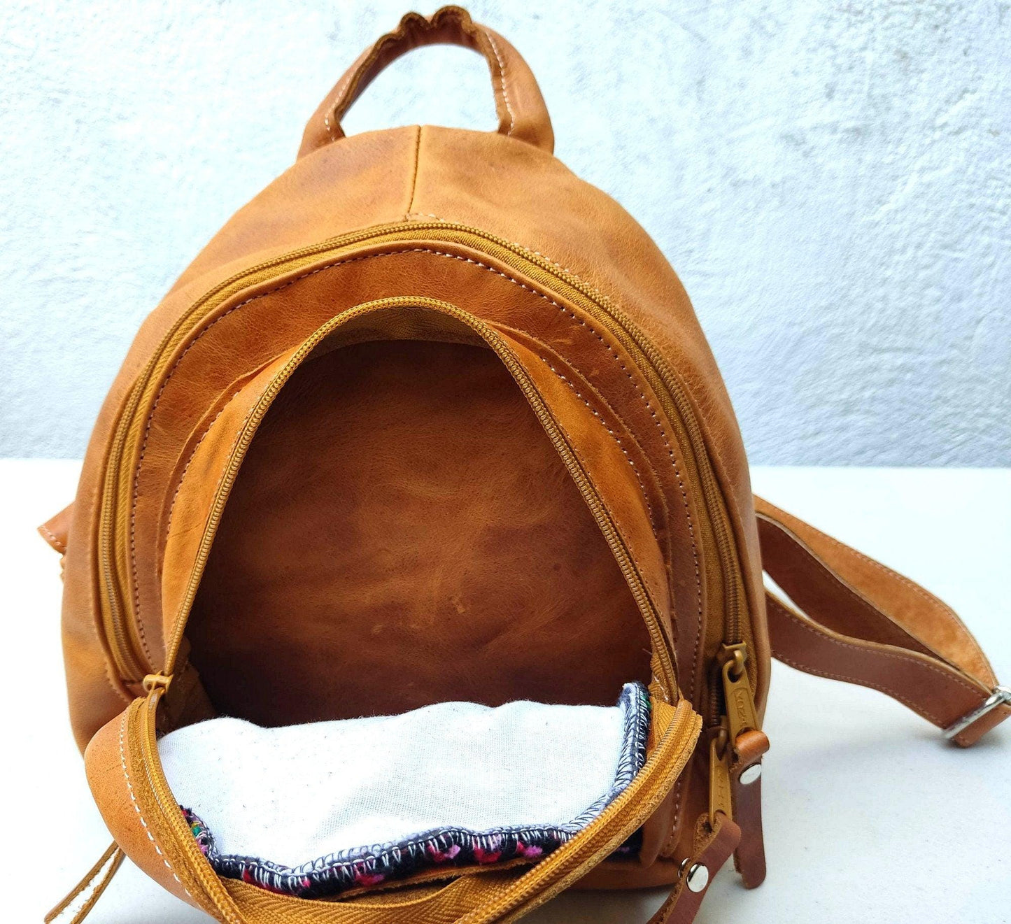 Huipil Pattern Tan Genuine LEATHER BACKPACK Bag - Aesthetic Grain Leather
