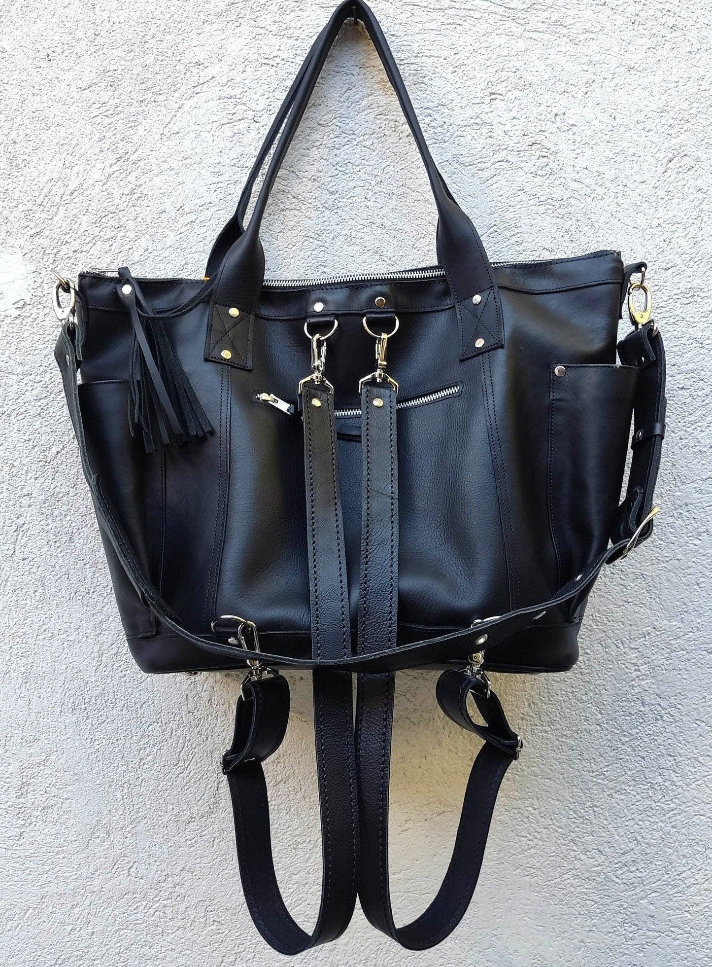 Black Genuine LEATHER CONVERTIBLE BACKPACK Bag - Aesthetic Full Grain Leather Handles cross body And Handbags
