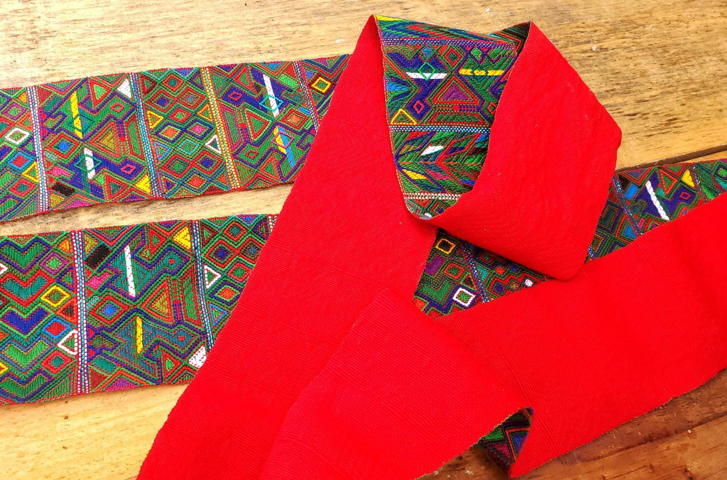Vintage Red / Green Unique Guatemala Handmade WEAVED Cotton SASH CINTA from Aguacatan