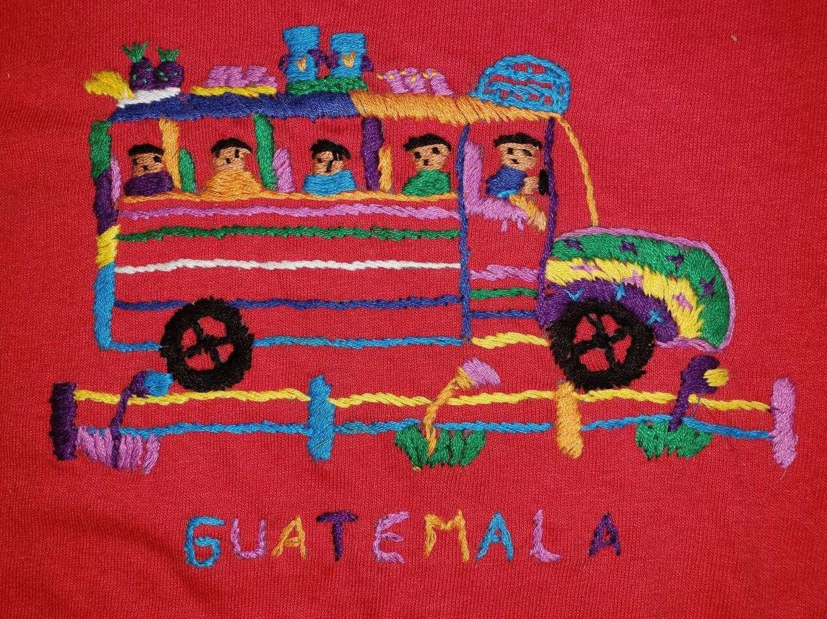 Handmade embroidered Guatemalan zoo bus motive unisex cotton T-shirt for kids