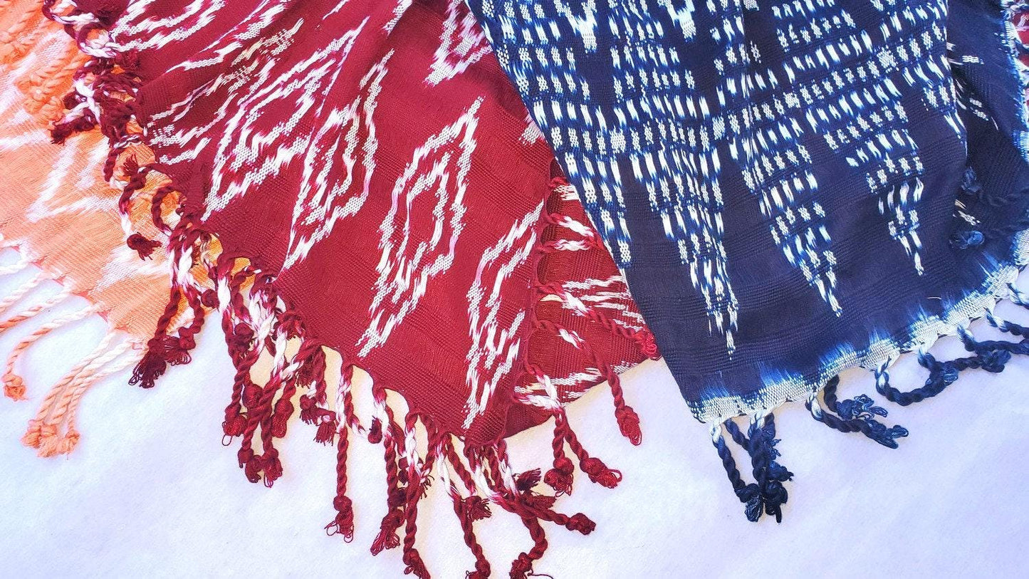 Women Medium Weight GUATEMALAN RAYON Indigo Burgundy Orange Blue SCARF Wrap - Artisans Wear Aesthetic Shawl