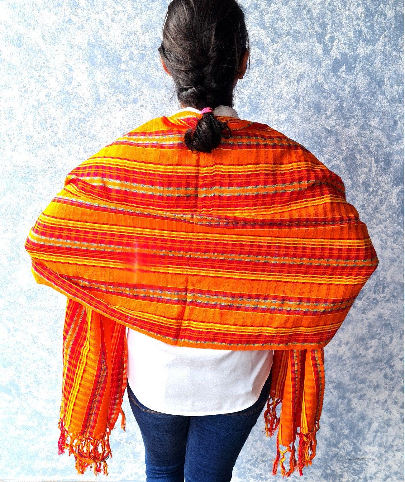 Orange Scarf, Cotton Shawl, Guatemalan Scarf, Multicolor Scarf