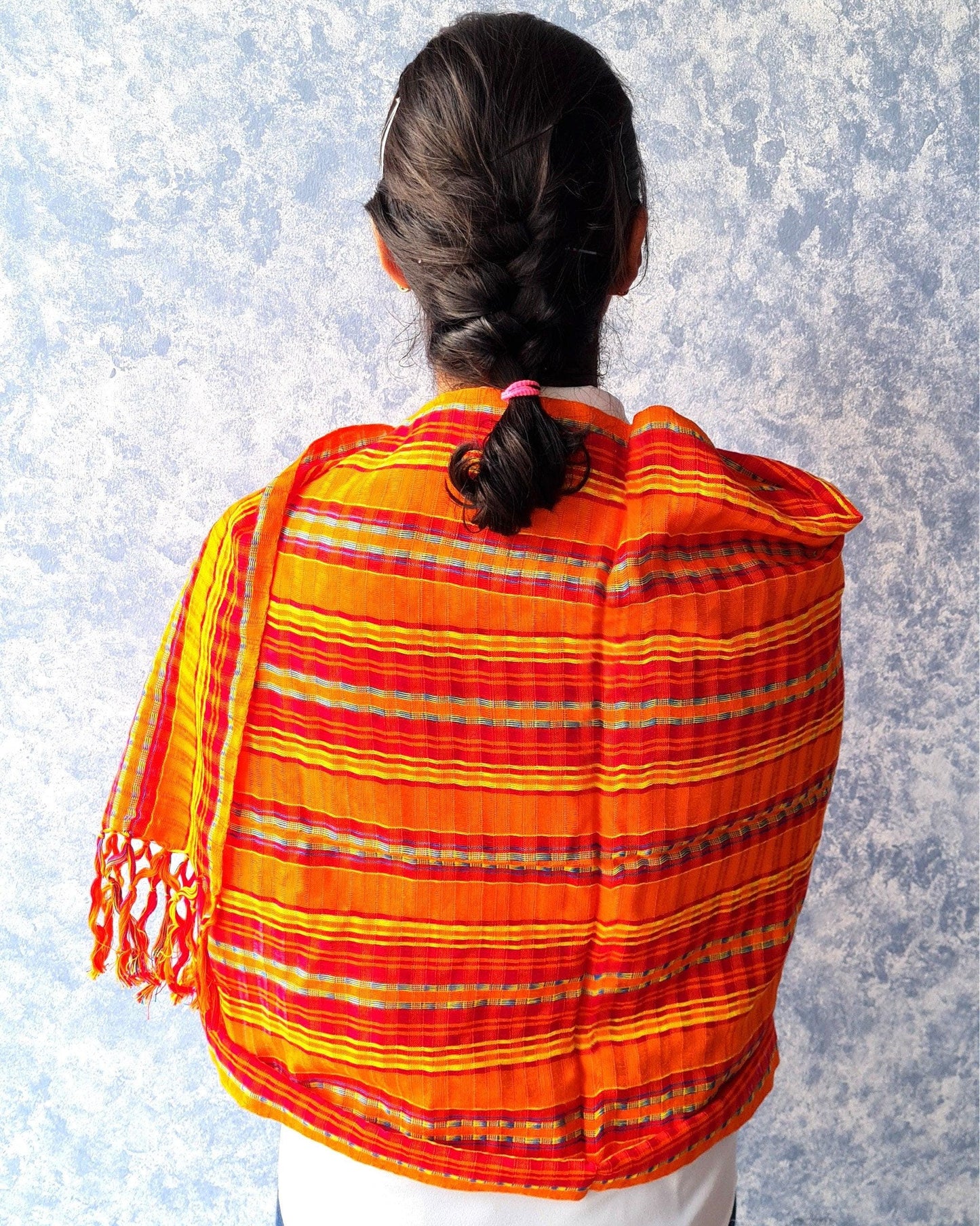 Women Medium Weight GUATEMALAN COTTON Orange SCARF Wrap - Artisans Wear Aesthetic Shawl