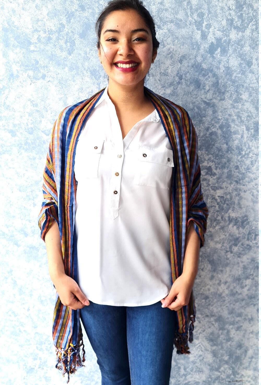 Women Medium Weight GUATEMALAN COTTON Indigo SCARF Wrap - Artisans Wear Aesthetic Shawl