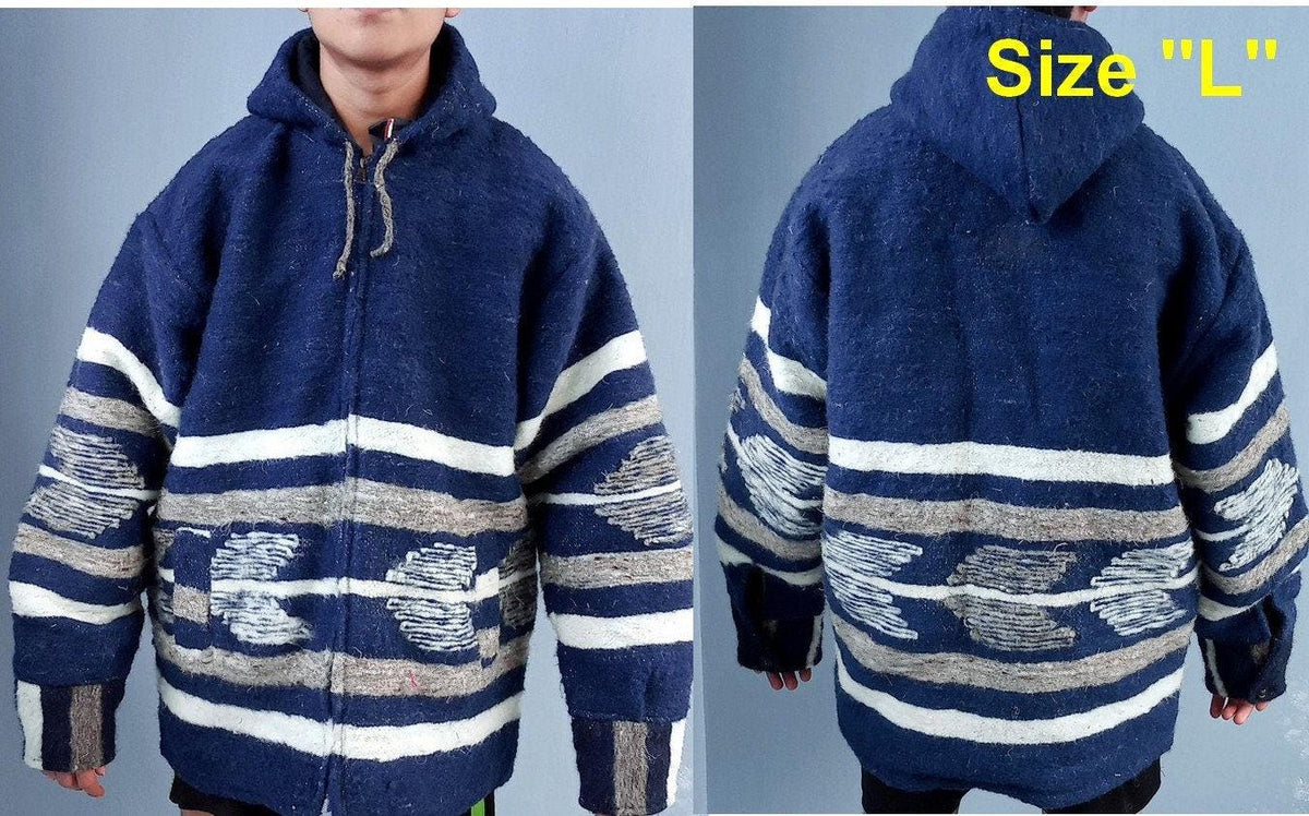 Hand Woven GUATEMALAN WOOL Hooded JACKET For Men - Heavy Weight Poncho Boho And Hippie Cotton Lining Zipper Jacket