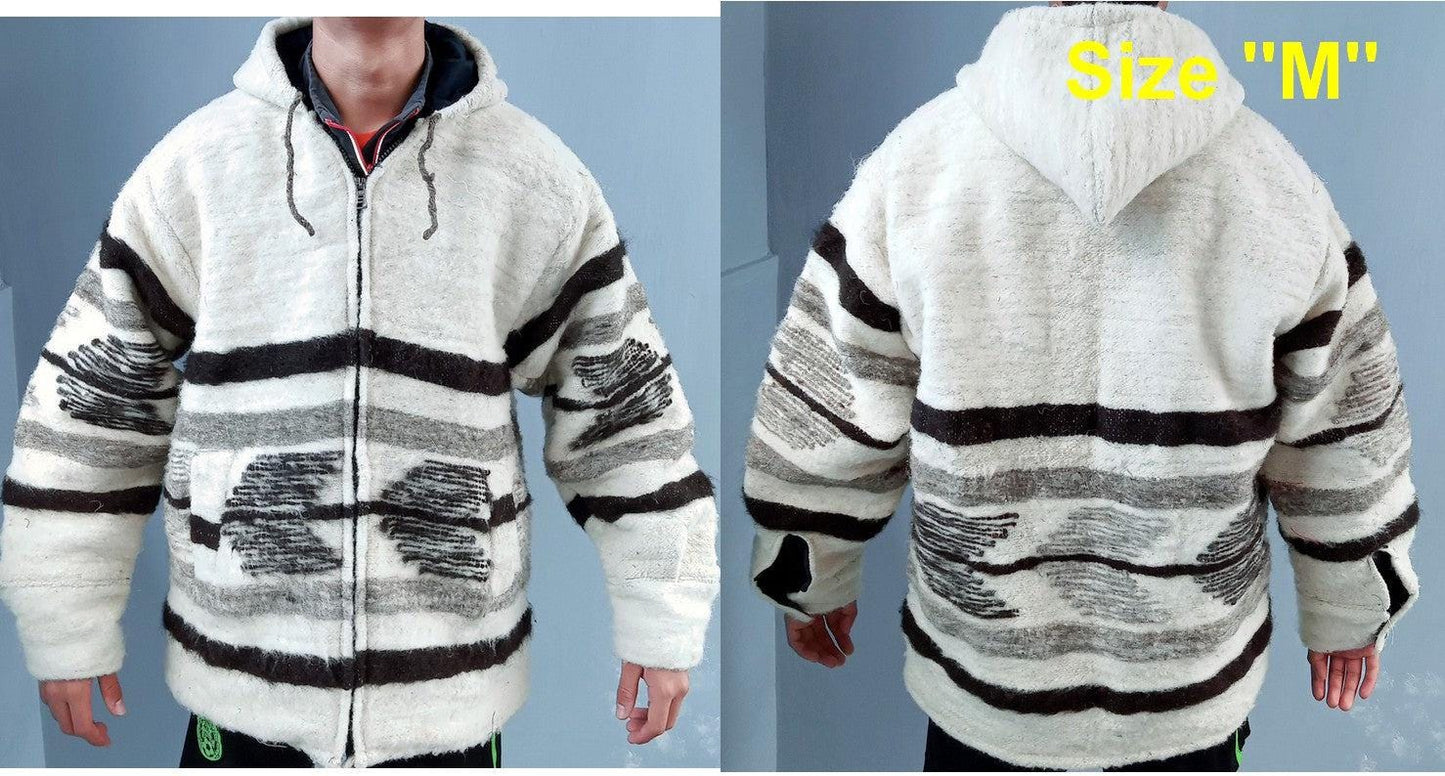Hand Woven GUATEMALAN WOOL Hooded JACKET For Men - Heavy Weight Poncho Boho And Hippie Cotton Lining Zipper Jacket