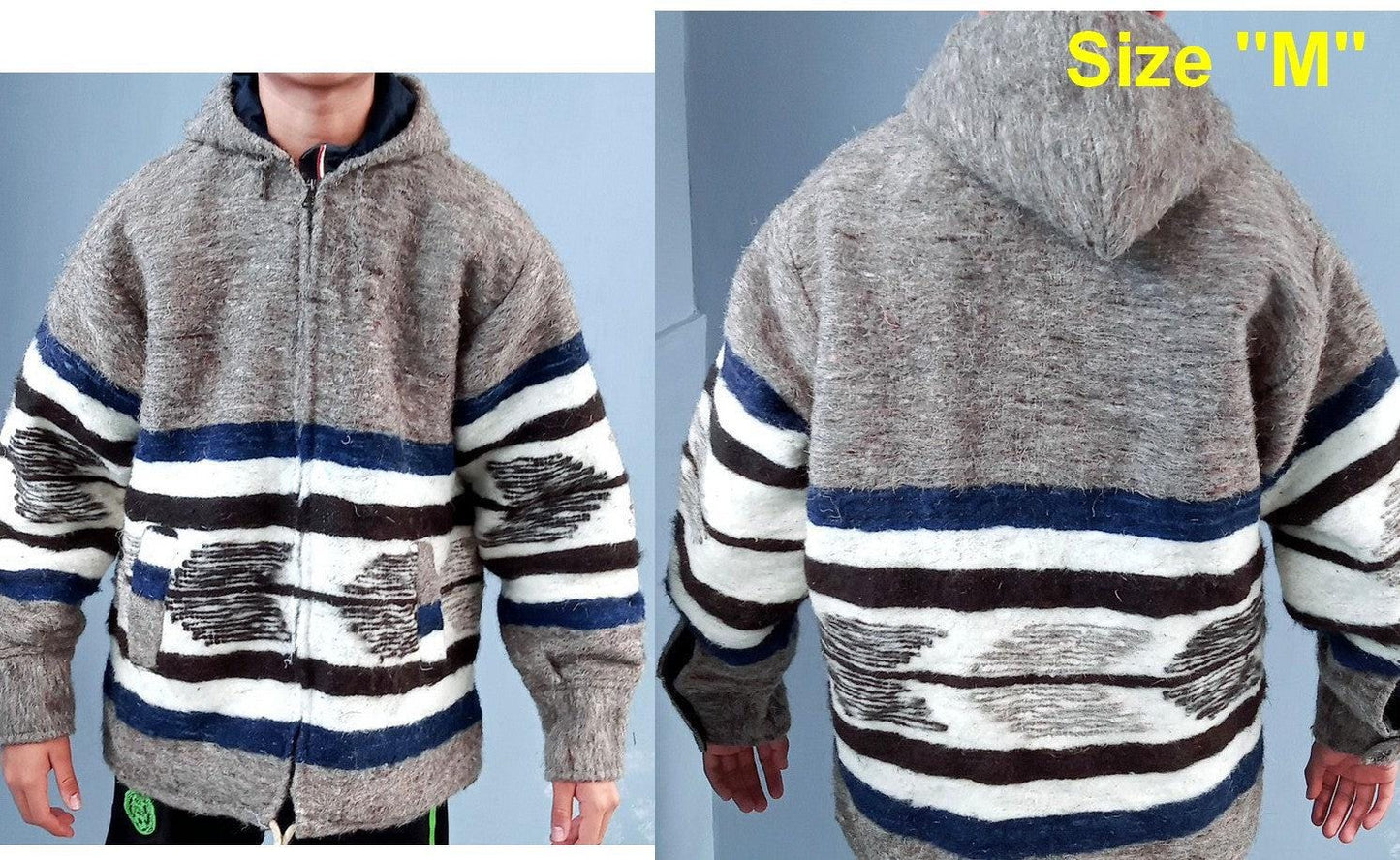 Hand Woven GUATEMALAN WOOL Hooded JACKET For Men - Heavy Weight Poncho Boho And Hippie Cotton Lining Zipper Jacket